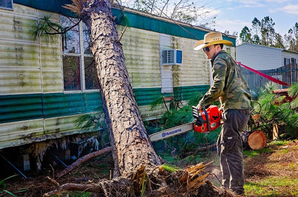 Storm-damaged tree leaning against a residential home before emergency tree removal service in Arnold, MO.
