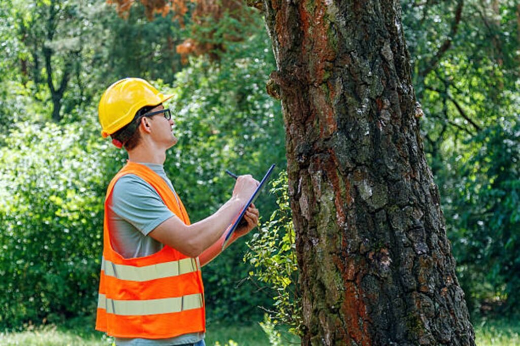 Certified arborist inspecting a storm-damaged tree to evaluate safety risks and recommend professional tree care services in Arnold, MO.