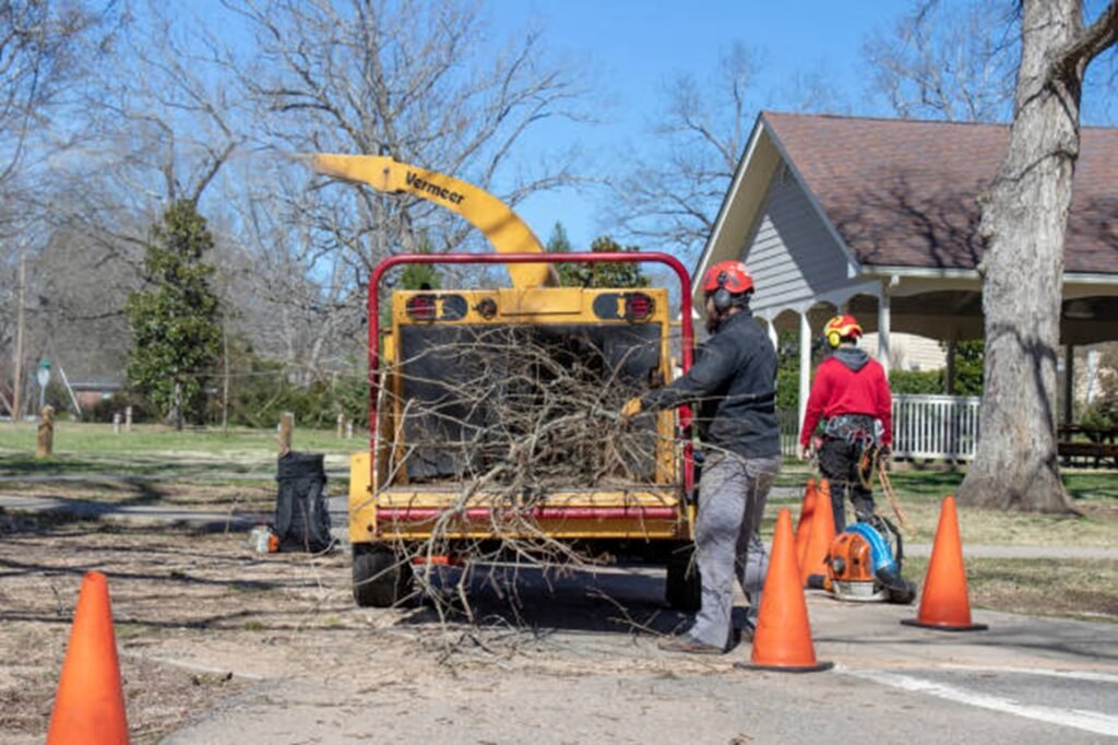 Summit Tree Experts crew loading tree branches into a wood chipper after completing a residential tree service project in Arnold, MO.